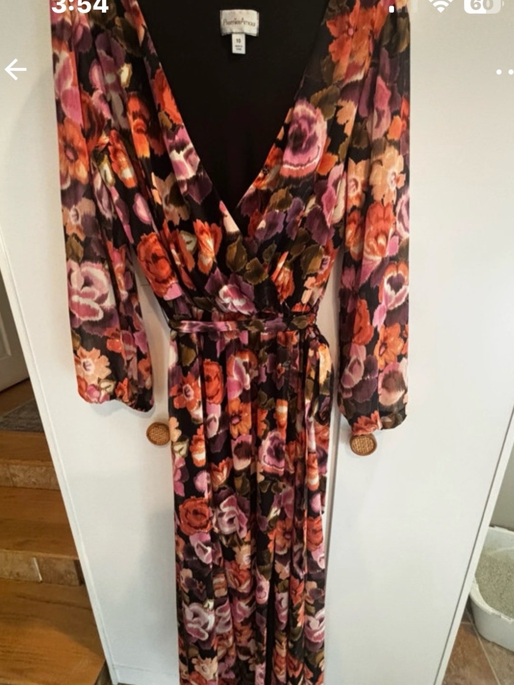 Floral Wrap Maxi Dress in Black with Purple & Orange Blooms